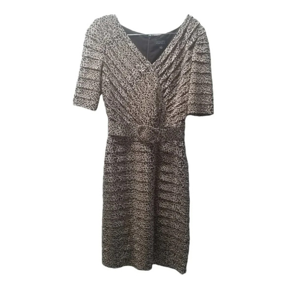 ADRIANNA Papell Brown Leopard Print Midi Belted  Tiered Dress 8 - Picture 1 of 10